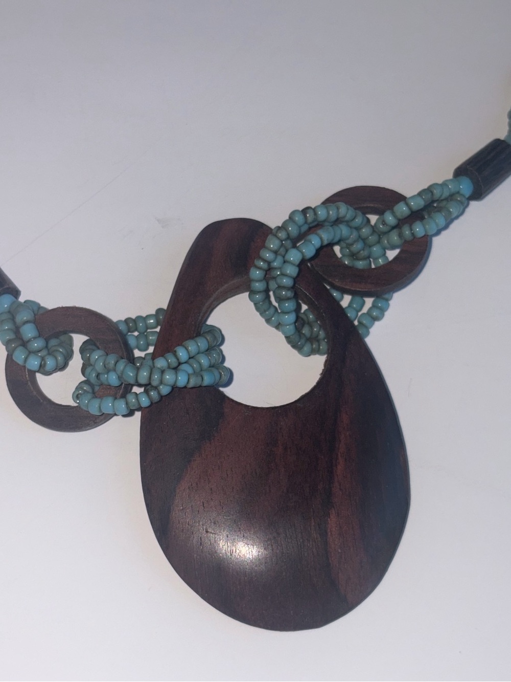 Y2k Boho Blue Beaded Multi Strand Necklace Large Wood Pendant Statement Jewelry